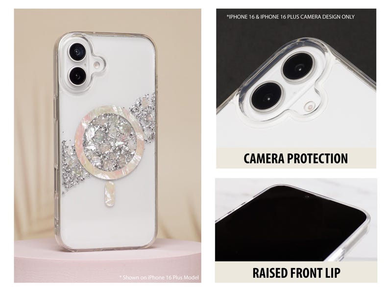 iphone 16 phone case with iridescent mother of pearl sea shell magsafe charging compatible phone case