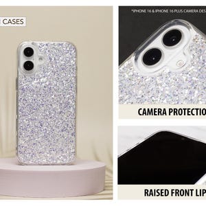 May include: A clear phone case with a silver glitter design. The case has a raised lip around the screen and camera to protect it from scratches. The case is compatible with iPhone 16 and iPhone 16 Plus.