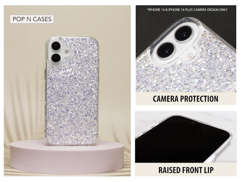 May include: A clear phone case with a silver glitter design. The case has a raised lip around the screen and camera to protect it from scratches. The case is compatible with iPhone 16 and iPhone 16 Plus.