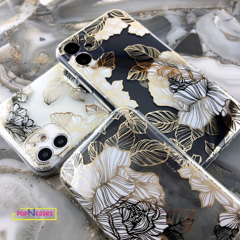 IPhone 12 Gold leaf iPhone case white rose design on clear Etsy
