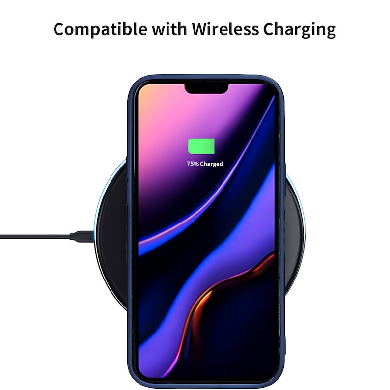 May include: A blue smartphone on a black wireless charging pad with a charging cable. The phone screen displays a battery icon with the text "75% Charged".