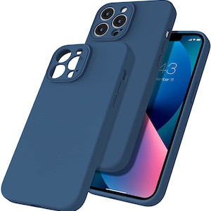 May include: A blue silicone phone case for an iPhone with a camera bump cutout. The case is shown with a blue iPhone screen displaying the date "September 11" and the time "4:43".