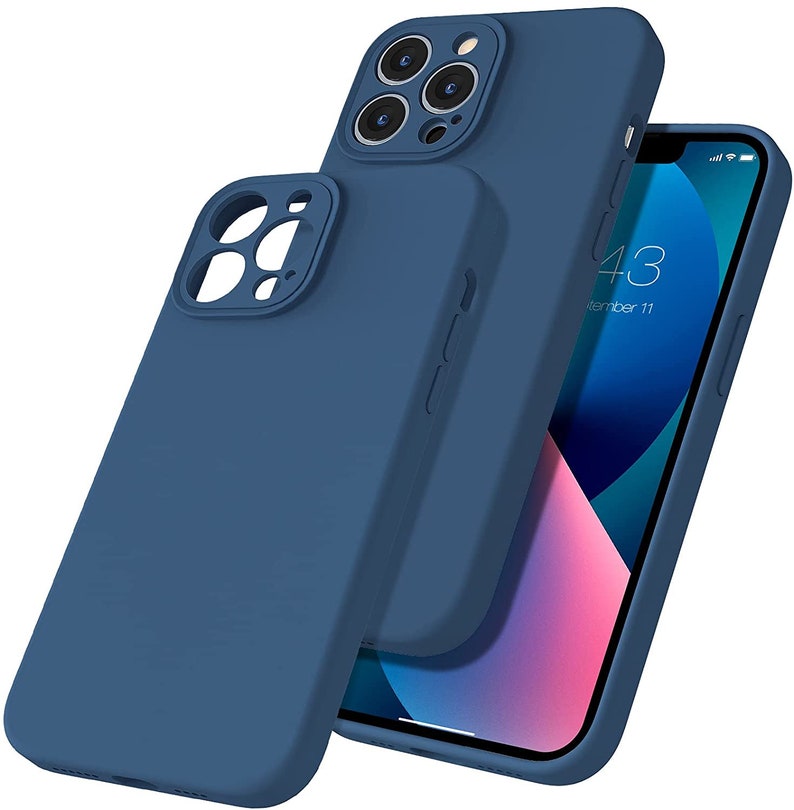 May include: A blue silicone phone case for an iPhone with a camera bump cutout. The case is shown with a blue iPhone screen displaying the date "September 11" and the time "4:43".