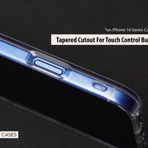 May include: A clear phone case with a tapered cutout for the touch control button. The case is designed for iPhone 16 series cases only. The text "POP N CASES" is visible in the lower left corner of the image.
