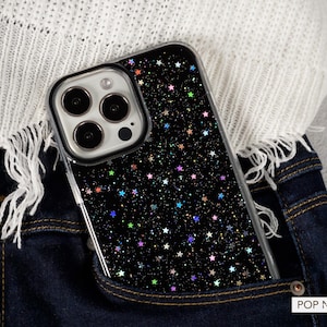 Coque de portable espace céleste pour iPhone 16 avec étoiles holographiques, paillettes irisées, paillettes, coque pour iPhone 15, iPhone 16+ iPhone 16 Pro