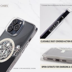 May include: A clear phone case with a silver glitter design and a white circle in the center. The case has open cutouts for charging and speakers. The case is shown on an iPhone 15 Pro Max. *Clickable Silent Action Button for iPhone 16 models*  *CLICKABLE DUST COVERED ACTION BUTTONS* *OPEN CUTOUTS FOR CHARGING & SPEAKER* *IPHONE 15 PRO MAX MODEL SHOWN*