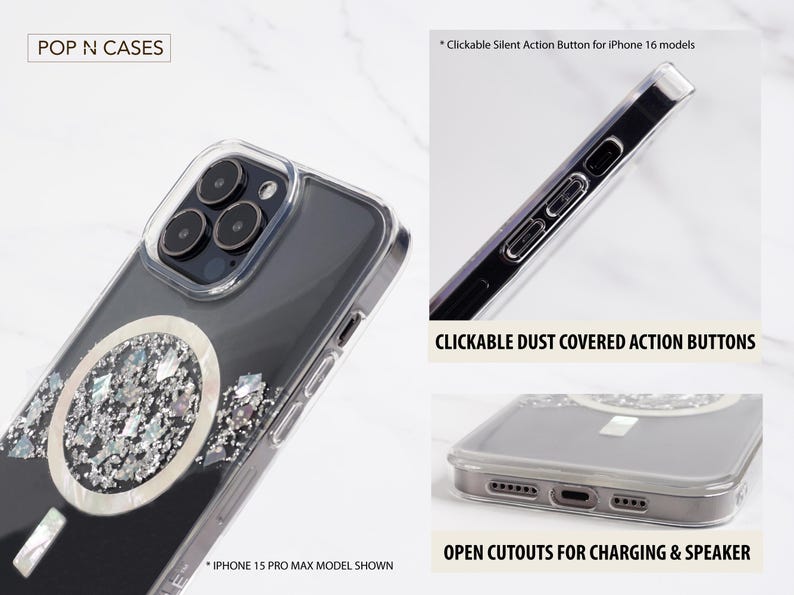 May include: A clear phone case with a silver glitter design and a white circle in the center. The case has open cutouts for charging and speakers. The case is shown on an iPhone 15 Pro Max. *Clickable Silent Action Button for iPhone 16 models*  *CLICKABLE DUST COVERED ACTION BUTTONS* *OPEN CUTOUTS FOR CHARGING & SPEAKER* *IPHONE 15 PRO MAX MODEL SHOWN*