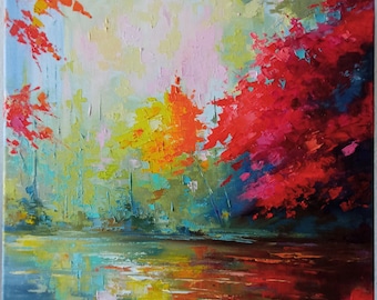 Puede incluir: Una pintura de un lago rodeado de árboles con hojas rojas, naranjas y amarillas vibrantes. El agua refleja los colores de los árboles y el cielo.
