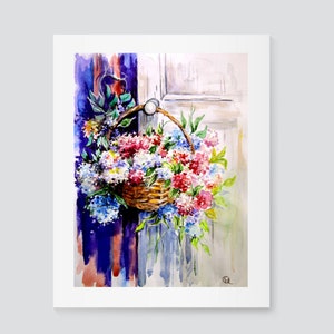 Pittura ad acquerello originale Cesto di fiori, pittura tecnica mista, arte murale floreale, artista ucraino, fiori ad acquerello, arte dell'atmosfera primaverile