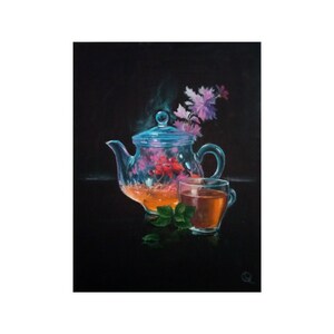 Original Oil Painting, Herbal Tea, Restaurant Decor, Canvas Painting, Food Wall Art, Dining Room Painting, Ukrainian Artist