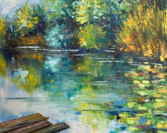 Dipinto a olio originale Stagno, Arte murale naturalistica, Dipinto pacifico, Artista ucraino, Dipinto naturalistico, Arredamento rilassante per la casa, Arte murale originale