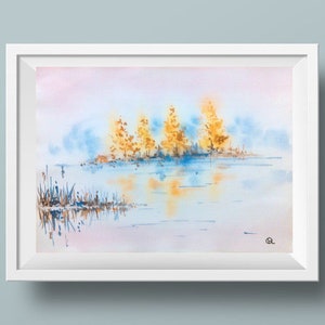Dipinto ad acquerello originale Nebbia, Arte della parete naturale, Paesaggio originale, Artista ucraino, Pittura tecnica mista, Acquerello di alberi, Arte autunnale