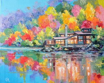 オリジナルの油絵「秋の湖」、カラフルな壁アート、秋の風景、テクスチャーのある絵画、湖の風景、ウクライナのアーティスト、湖の絵画