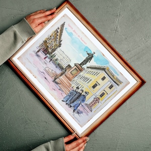 Pittura ad acquerello originale Monumento al Duca di Odessa, Arte multimediale mista, Arte della città vecchia, Pittura di Odessa, Acquerello storico, Artista ucraino