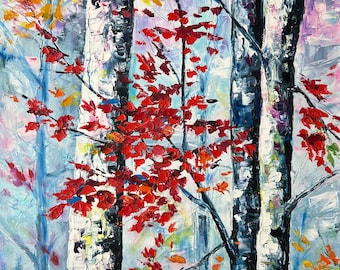 Dipinto a olio originale Betulle, Paesaggio autunnale, Dipinto di alberi autunnali, Arte murale naturalistica, Artista ucraino, Arte naturalistica realistica