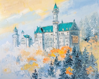 Pintura a óleo original Castelo em Bayern, Arte do Castelo de Neuschwanstein, Artista Ucraniano, Arte de Muro de Castelo Alemão, Pintura de Castelo, Arte Texturizada