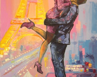 Original oil painting Paris Lights, Couple in Paris Painting, Ukrainian Artist, Paris Art, Wedding Gift, Romantic Decor, Paris Oil Painting