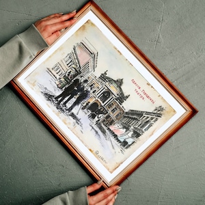Pittura ad acquerello originale Teatro di Odessa, Pittura a tecnica mista, Paesaggio urbano ad acquerello, Arte della parete di Odessa, Artista ucraino, Arte cittadina unica