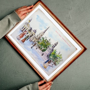 Dipinto ad acquerello originale Piazza Soborna a Odessa, Arte multimediale mista, Pittura di Odessa, Acquerello storico, Arte di Odessa, Artista ucraino