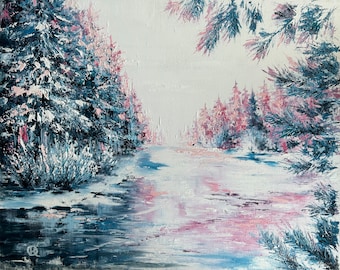 Dipinto a olio originale Magia invernale, Paesaggio invernale, Artista ucraino, Paesaggio a olio, Arte scandinava, Decorazioni invernali, Idea regalo di Natale