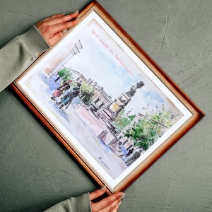 Pittura ad acquerello originale Monumento Odessa Pushkin, acquerello storico, arte Pushkin, pittura Odessa, artista ucraino, arte multimediale mista