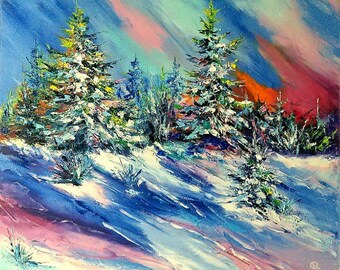 Original oil painting Christmas Trees, Winter Forest Art, Original Forest Landscape, Ukrainian Artist, Winter Nature Painting, Winter Art