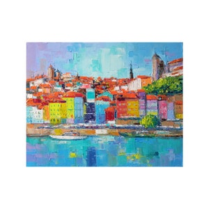 Pintura al óleo original Porto Portugal, Pintura colorida, Artista ucraniano, Arte de recuerdos de Portugal, Pintura texturizada, Arte de pared brillante