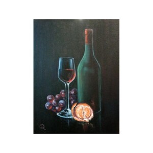 Original oil painting Wine and Tangerine, Restaurant Decor, Wine Painting, Fruit and Wall Art, Paining for Dining Room, Ukrainian Artist