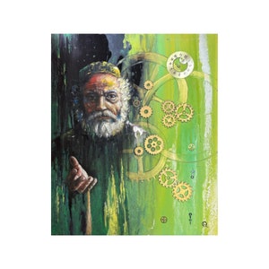 Original painting Time Keeper, Mixed Media Painting, Ukrainian Artist, Scientist Art, Gift for Colleague, Man&#39;s Portrait, Symbolic Painting