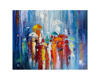 Original oil painting Bright Umbrellas, Cityscape on Canvas, Ukrainian Artist, Colorful Art, Abstract Decor, City Painting, Textured Art