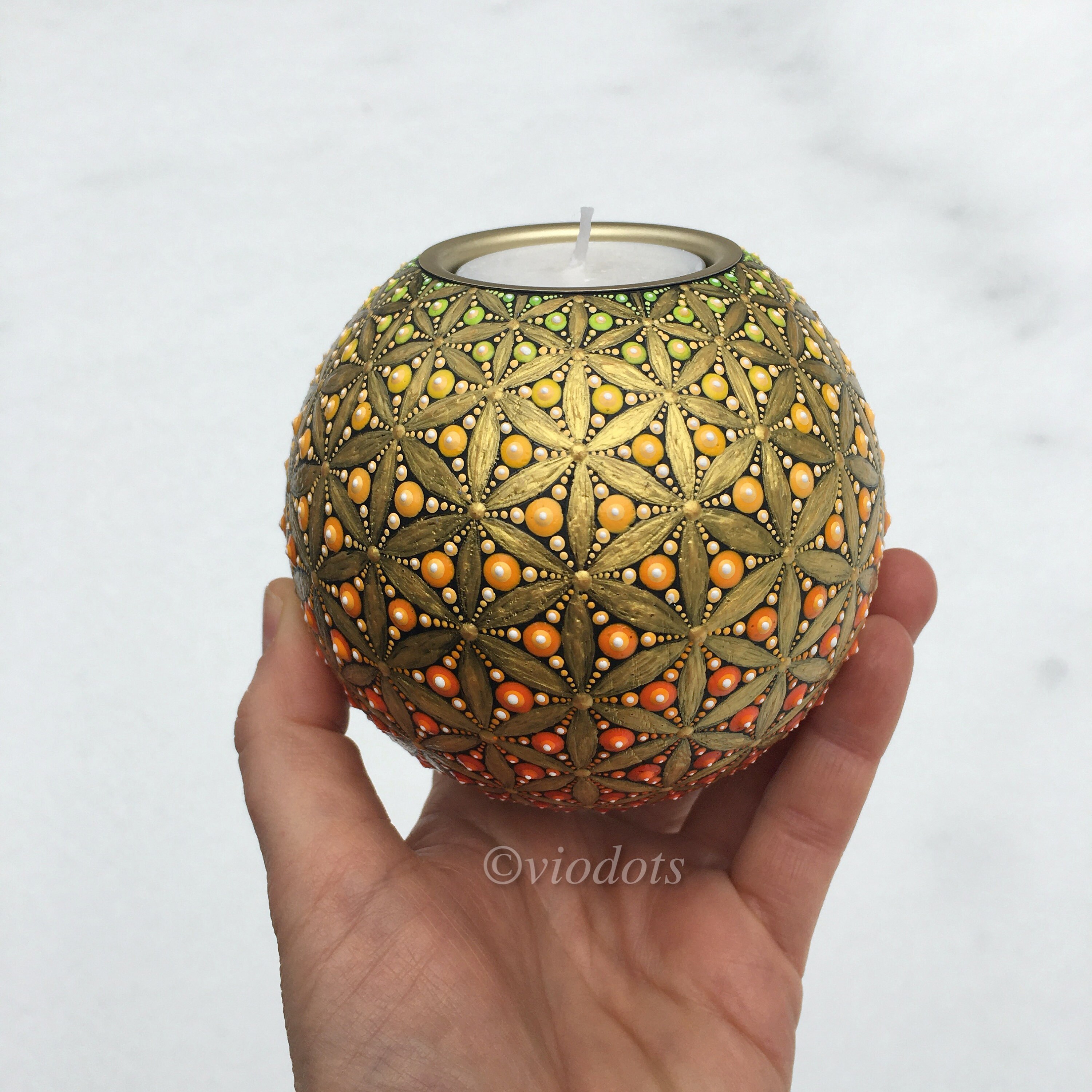 One Big Wooden Tealight Holder, Hand Painted, Dot Painting One Big Wooden Tealight Holder, Hand Painted, Dot Painting