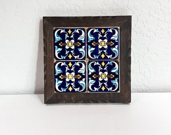Vintage Mexican Tile Trivet | Carved Wood Trivet | Painted Tile
