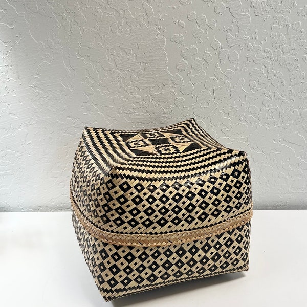 Large Vintage Woven Basket with Geometric Black & White Pattern Tribal Basket