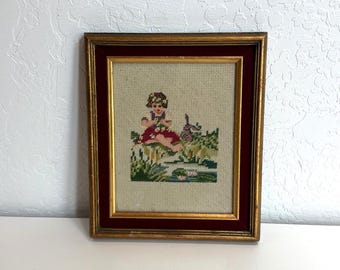 Tapiz antiguo enmarcado / Niña con conejo