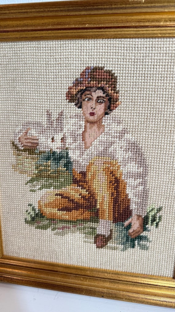 Vintage Framed Needlepoint | Victorian Boy with Rabbit