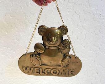 Vintage Brass Teddy Bear Welcome Sign