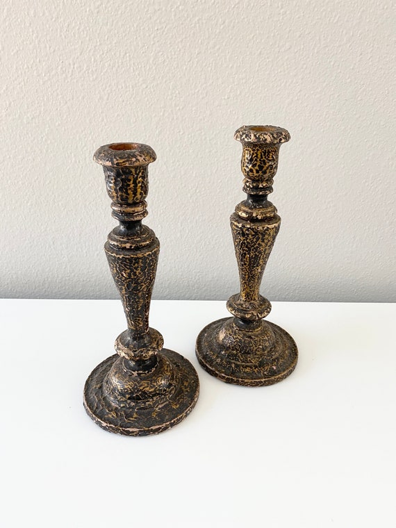 Vintage Wood Candlestick Holders Distressed Candlestick Etsy