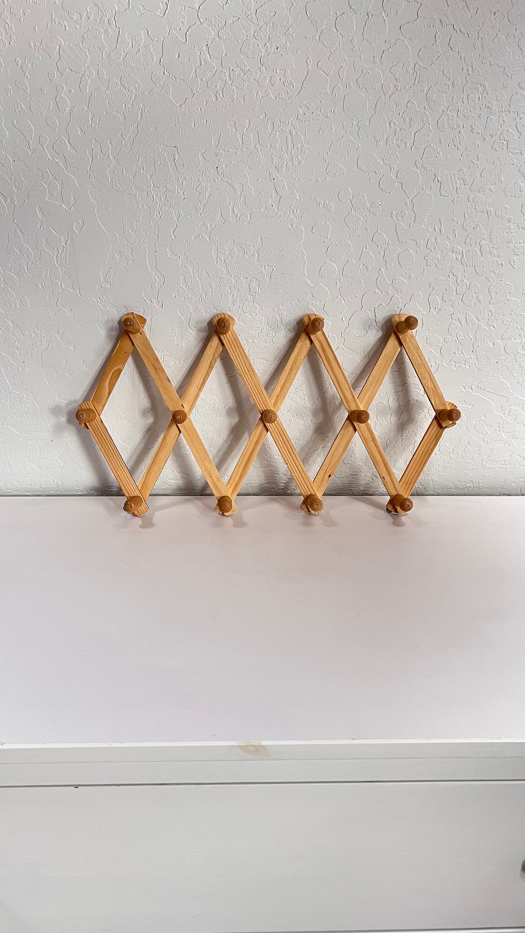 Blonde Vintage Peg Rack Long Accordion Rack Wall Organizer Wood Coat