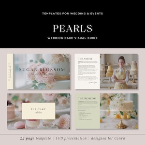 May include: A wedding cake visual guide titled "Pearls" with the text "Templates for Wedding & Events." The guide includes images of cakes, a baker, and text about cake design. The template is designed for Canva and is a 22-page presentation.