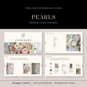Könnte beinhalten: Eine Hochzeits-Visual-Proposal-Vorlage mit dem Titel "Pearls" und dem Text "Templates for Wedding & Events". Die Vorlage enthält Seiten mit Blumenarrangements, den Namen "Oliver & Kate" und ein Inhaltsverzeichnis. Die Vorlage ist für Canva konzipiert und eine 18-seitige Vorlage.