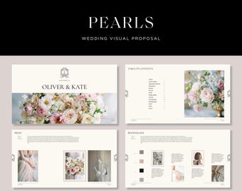 Puede incluir: Una plantilla de propuesta visual de boda titulada "Pearls" con el texto "Templates for Wedding & Events". La plantilla incluye páginas con arreglos florales, los nombres "Oliver & Kate" y una tabla de contenidos. La plantilla está diseñada para Canva y es una plantilla de 18 páginas.