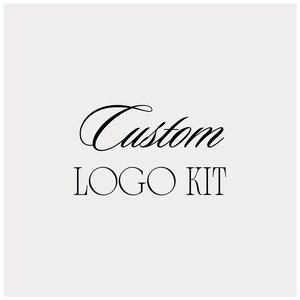 May include: A black and white graphic design with the text "Custom Logo Kit" in a cursive font.
