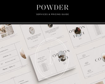Puede incluir: Un conjunto de 21 plantillas imprimibles para creativos, diseñadas para Canva. Las plantillas están en un estilo minimalista con una paleta de colores neutros y presentan el texto "POWDER SERVICES & PRICING GUIDE". Las plantillas están diseñadas para papel A4, que es 29,7 x 21 cm.