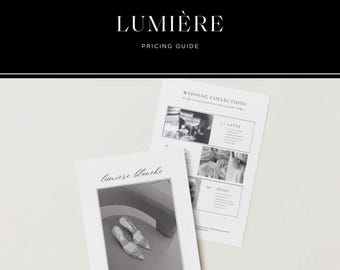 Puede incluir: Un diseño en blanco y negro para fotógrafos. El banner superior dice "TEMPLATES FOR PHOTOGRAPHERS" y "LUMIÈRE PRICING GUIDE". Debajo hay dos diseños A5, 14,8 x 21 cm, diseñados para Canva. Un diseño se titula "Lumiere Blanche".