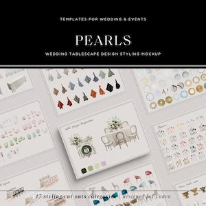 Puede incluir: Maqueta de diseño digital para mesas de boda y eventos. La imagen presenta varios recortes de estilo, incluyendo ajustes de mesa, ropa de cama y arreglos florales. El texto en la imagen dice "PEARLS" y "17 categorías de recortes de estilo diseñadas para Canva."