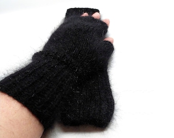 Black angora wool half gloves. Wrist warmer. Angora fingerless gloves womens. Fingerless mittens. Winter hand knit fingerless gloves.