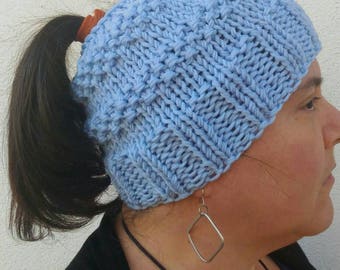 Messy bun beanie. Knit beanie. Wool beanie. Mom life beanie. Ponytail beanie. Knit woman hat Messy bun hat Bun hat knitted Light blue beanie