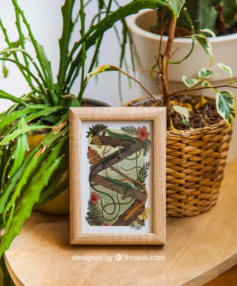 Printable Lizard Illustration Flower Art Green Garden Etsy