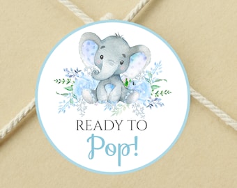 Ready To POP Labels Printable, Blue Elephant Favor Toppers, Stickers, Baby Shower Gift Tag, Cupcake Toppers, Instant Download, PRINTABLE