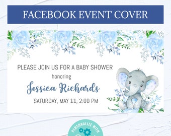 EDITABLE Baby Shower Facebook Event Cover Photo - Blue Elephant Baby Shower Facebook Event Header - Editable Elephant Animal Themed, Corjl